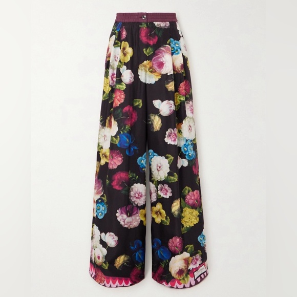 NWT Dolce & Gabbana Floral Print Silk Twill Wide Leg Pants